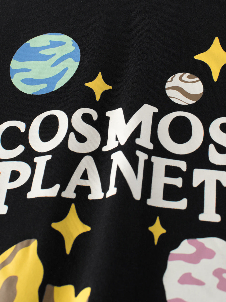 Boys’ Planet Cartoon and Letters Print T-shirt in European and American Style-2