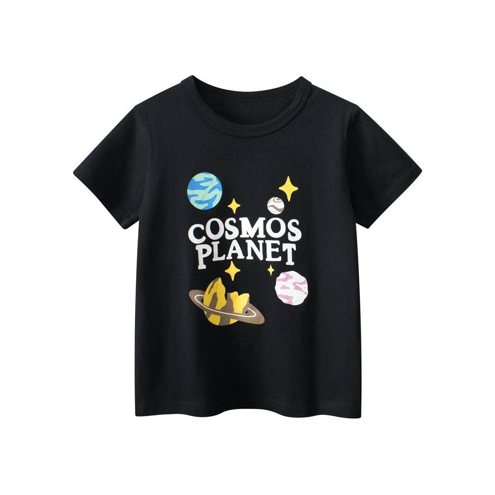Boys’ Planet Cartoon and Letters Print T-shirt in European and American Style-0